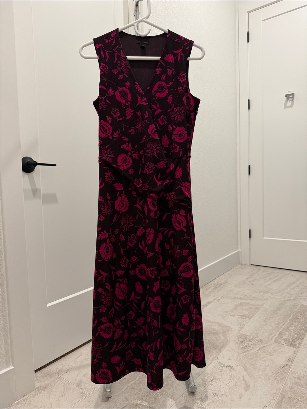 Ann Taylor Maroon Midi Dress with Fuchsia Floral Pattern